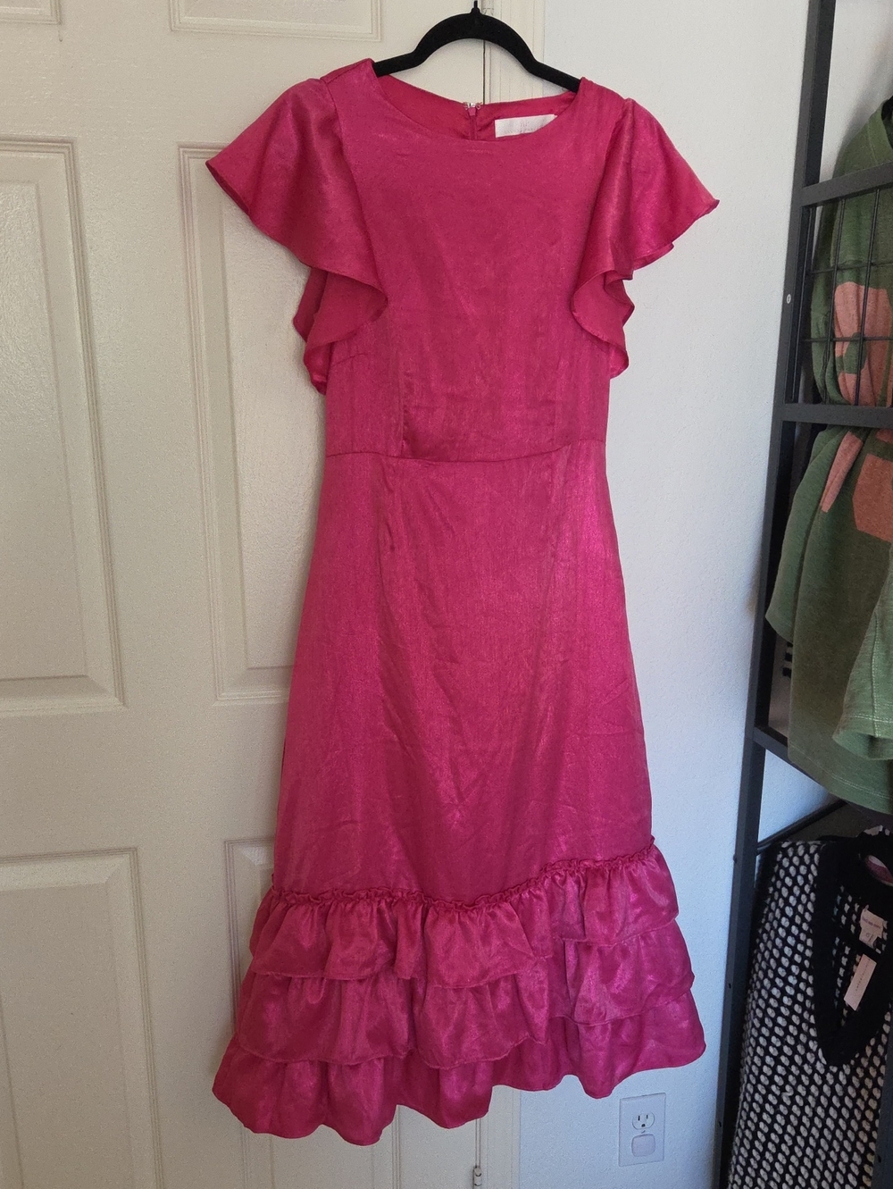 Rachel Parcell Flutter Sleeve Ruffle Sleeve Metallic Chiffom Berry Midi Dress 6 - Picture 2 of 14